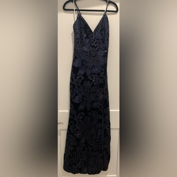 Alluring Romance Navy Blue Sequin Velvet Mermaid Maxi Dress. Size large. - Picture 6 of 14